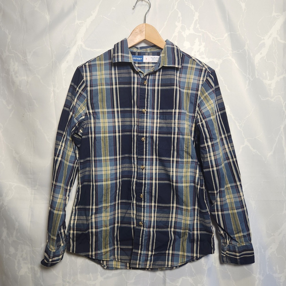 Old Navy Long‎ Sleeve Button Up Everyday Shirt Men's S Blue Plaid Regular Fit